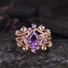 Item description ✦ Handmade, high-quality item! ✦ Material: 925 sterling silver, Solid 10k/14K/18K GOLD (can be made in white/rose/yellow gold) Engagement ring ✦ Center stone: Natural Purple Amethyst. ✦ Size/Weight: 6x8mm Pear Cut ✦ Side stones: Marquise Cut Natural Amethyst and Round Cut Moissanites Wedding band ✦ Gemstones: Natural Amethyst and Moissanites Any ring size can be made,if the ring size is not in the option list ,contact me. As it is handmade,it needs 2-4 weeks to finish and then be shipped by usps or DHL. Return policy: We offer 30 days return policy. For any reason, if you are not completely satisfied with your order, you may return it for a refund.  Buyer is responsible for the handcraft fee (15%-30% of the total price) and the return shipping cost. Art Deco Moon, Purple Engagement Rings, Butterfly Engagement Ring, Jewelry Text, Big Engagement Rings, Amethyst Engagement Ring, Fancy Jewelry Necklace, Amethyst Ring Engagement, Pretty Jewelry Necklaces