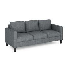 a gray couch sitting on top of a white floor