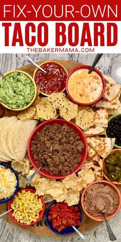 a platter filled with tacos, salsa and tortilla chips