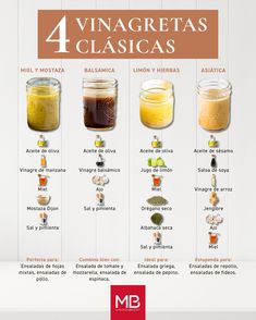 four different types of condiments are shown in this poster, with the words 4 vinagretas classicas