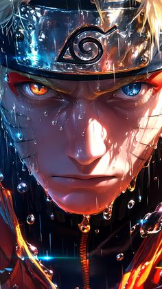 an anime character with blue eyes and red hair wearing a helmet, rain drops on his face