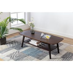 a coffee table sitting on top of a rug in a living room next to a potted plant