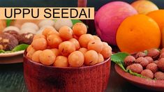 there are many different types of food in bowls on the table with words uppu sedai