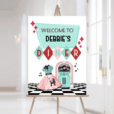 a welcome sign for a diner with an image of a woman in a pink dress