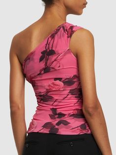 Asymmetrical construction. All over print placement may vary. Model is wearing a size40 Sleeveless Floral Print Top For Evening, Sleeveless Floral Print Evening Tops, Fitted One Shoulder Floral Print Tops, Fitted One-shoulder Floral Print Tops, Elegant Fitted Top With Graphic Print, Blumarine Top, Printed Jersey, One Shoulder Top, Mood Board Fashion