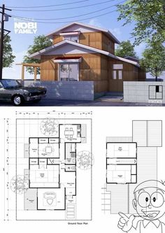 the floor plan for a small house with two levels and an attached garage, as well as