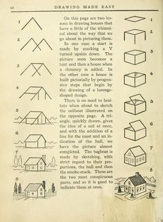 an old book with instructions on how to draw houses and other things that are in it