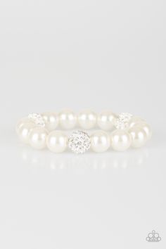 A collection of white pearls and white rhinestone encrusted beads are threaded along a stretchy band around the wrist for a refined flair.

 Sold as one individual bracelet. White Pearl Bracelet, Cake Walk, White Bracelets, Paparazzi Accessories, White Rhinestone, Paparazzi Jewelry, Rhinestone Bracelet, Silver Pearls, Jewelry Party