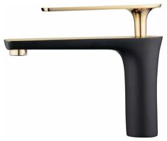 a black and gold sink faucet on a white background with the handle extended