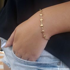 Beautiful dainty bracelet, this tiny coin bracelet is made with a dainty, yet durable, 18k gold plated coins and chain and it's perfect for layering with other chain bracelets or bangle bracelets (sold separately). ✤Small coin chain - 18K high-quality Gold plated Total length: 6//6.5//7//7.5//8 inches with an extension of 1.5 inches ✤If you need a different size please send me a message. Feel free to contact me for details & options. ♥All items are packed in an elegant jewelry box and ready Round Gold Bracelet Made Of Brass, Dainty Nickel-free 14k Gold-filled Bracelets, Dainty 14k Gold-filled Nickel-free Bracelet, Dainty 14k Gold Filled Nickel-free Bracelet, Dainty Adjustable Round Chain Bracelet, Nickel Free Dainty Round Chain Bracelet, Elegant Everyday Bracelets With Moon Charm, Dainty Nickel-free Round Chain Bracelet, Nickel-free Dainty Round Chain Bracelet