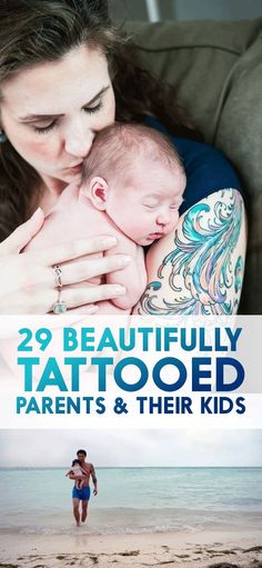 a woman holding her baby on the beach with text overlay that reads 29 beautifully tattooed parents and their kids