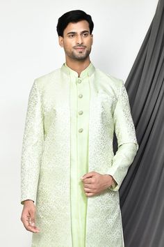 Green full sleeves sherwani with all over persian flora woven detailing. Paired with a sleeveless inner kurta and churidar. - Aza Fashions Churidar, Full Sleeves, Green Silk, Aza Fashion, Full Sleeve, Persian, For Men, Silk, Green