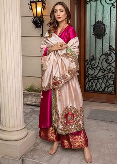 Laam Fashion, Pure Silk Suits, Organza Pants, Nilofer Shahid, Victorian Vibes, Pearl Shirt, Nikkah Dress, Pakistani Wedding Outfits, Fuchsia Dress