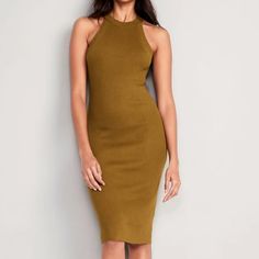 Soft Knit Crew Neck Dress With Halter Style Neckline. Sold Out Online. Stretch Sleeveless Midi Dress For Fall, Sleeveless Stretch Midi Dress For Fall, Sleeveless Knit Midi Dress For Fall, Sleeveless Knit Stretch Midi Dress, Sleeveless Stretch Knit Midi Dress, Sleeveless Green Midi Dress For Fall, Yellow Sleeveless Bodycon Dress For Date Night, Sleeveless Bodycon Midi Dress For Fall, Chic Yellow Stretch Sleeveless Dress