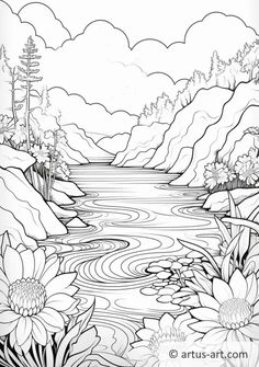 a coloring page with flowers and mountains in the background, as well as an image of water