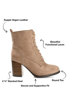 Show off a trend-setting look with heeled Granny booties by Journee Collection. Faux suede uppers rise above the ankles and highlight a front lace-up design. Chunky stacked high heels add modern style to finish the look. 2.75" heel 6" shaft height, 11.5" opening circumference Round toe Lace-up vamp Side zip closure Faux Suede upper, Man-made sole Imported Chic Beige Lace-up Boots With Round Toe, Taupe Lace Up Boots, Taupe Ankle-high Boots With Medium Width, Taupe Ankle-high Boots Medium Width, Lace Up Boots Women, Taupe Leather Boots, Medium Width, Rise Above, Journee Collection, Nordstrom Store