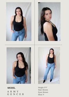 four different pictures of a woman in black top