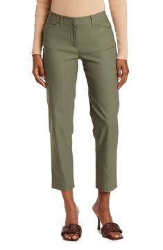 Cut in a slim ankle length silhouette, these pants offer endless versatility to your wardrobe. 27" inseam, 9" rise (size 4) Zip fly with hook-and-bar closure Front slant pockets; back button-welt pockets 76% rayon, 20% nylon, 4% spandex Hand wash, dry flat Imported Spring Cropped Dress Pants For Office, Spring Office Cropped Dress Pants, Spring Office Dress Pants With Cropped Leg, Classic Mid-rise Work Pants, Classic Ankle-length Spring Work Pants, Classic Ankle-length Work Pants For Spring, Stretch Work Pants With Welt Pockets For Spring, Spring Cropped Leg Fitted Dress Pants, Classic Mid-rise Work Pants For Spring