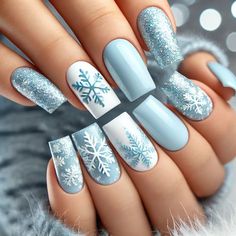 Christmas Nails Icy Blue, Snow Blue Nails Winter, Winter Nails With Sweater Design, Ice Blue Snowflake Nails, Snowy Blue Nails, Sweater And Snowflake Nails, Pink And Blue Winter Nails, Christmas Nail Designs Blue And Silver, Winter Nail Blue