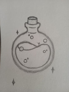 a drawing of a bottle with bubbles and stars on the bottom is shown in black ink