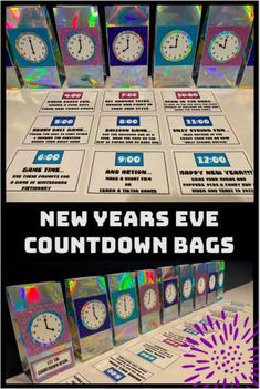 new year's eve countdown bags are on display in front of an assortment of clocks