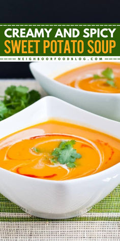 Warm up this fall with our Vegan Spicy Sweet Potato Soup! This creamy sweet potato soup recipe is filled with flavor and makes for the perfect comfort food idea. Make your soup recipe for dinner more delightful! Vegan Sweet Potato Soup, Roasted Butternut Squash Soup