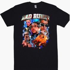 New T Shirt Sizes S-5xl 90s Style Black T-shirt With Sublimation Print, 90s Style Black T-shirt With Front Print, 90s Black T-shirt With Sublimation Print, Bad Bunny Vintage Tshirt, 90s Black T-shirt With Front Print, Bunny Vintage, 2023 Color, Bad Bunny, Style T Shirt