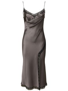 Fixed spaghetti straps. Lace trim. Front slit. Model is wearing a size38 Grey Midi Dress, Grey Beige, Lace Midi, Alberta Ferretti, Lace Midi Dress, Shearling Jacket, Grey Women, Ski Wear, Gray Dress