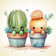 two cute cactus plants sitting next to each other