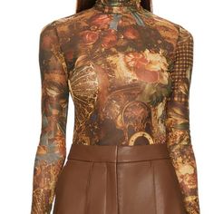 Printed Mesh Turtleneck Top In Size Xs, Brown/ Camel Colors, Floral Design, Ronny Kobo, Size Xs Fitted All Over Print Tops For Fall, Designer Fitted Printed Tops, Mesh Turtleneck, Ronny Kobo, Turtleneck Top, Camel Color, Turtle Neck Top, Mesh Top, Camel