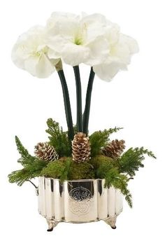 white flowers in a silver pot with pine cones