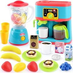 a toy coffee maker and other toys on a white background