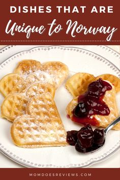 waffles that are unique to norway on a white plate with jam and butter