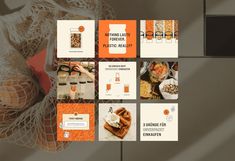 an orange and white collage with food items on it