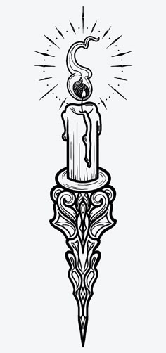 a black and white drawing of a candle with the letter s on it's side