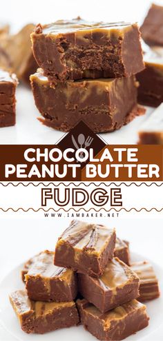 chocolate peanut butter fudge bars stacked on top of each other with text overlay