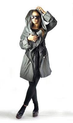 "Taffeta Jacket, Women Raincoat, Hooded Jacket Extravagant and original rain coat. Soft taffeta oversize casual rain coat. Romantic and casual raincoat. French style trench coat. Very elegant and easy to wear. Gentle and beautiful taffeta. The raincoat is absolutely amazing and design garment! With this coat you will look absolutely original and unique! You can order it in different colors! Model size:SIZE M (US 10, UK 14, Italian 44, French 42, German 40, Japan 11) bust: fits bust around 37.5\" Women Raincoat, Trenchcoat Style, Plus Size Coat, Oversize Jacket, Green Raincoat, Black Cotton Dresses, Asymmetric Jacket, Yellow Raincoat, Trench Coat Style