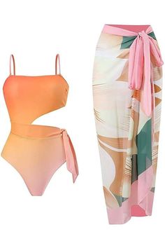 One Piece Swimsuit with Beach Cover up Wrap Skirt - MY SEXY STYLES Tie Swimsuit, Pink Floral Skirt, Wrap Swimsuit, Skirted Swimsuit, Monokini Swimsuits, Beach Skirt, Costume Intero, 2 Piece Swimsuits, Swimsuit Set