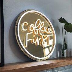 Coffee First Neon LED Sign On Gold Acrylic Ambiguous Quotes, Neon Led Sign, Coffee First, Commercial Signs, Quick Quotes, Warm White Light, Event Exhibition, Led Sign, Neon Color