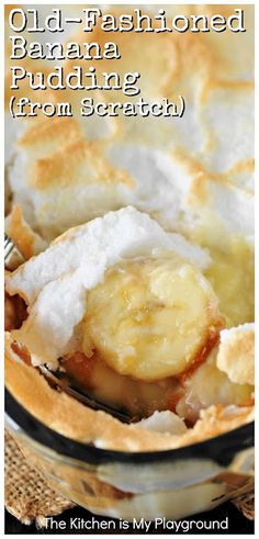 an old fashioned banana pudding in a glass bowl