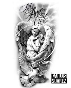 an angel tattoo design on the back of a man's arm, with words above it