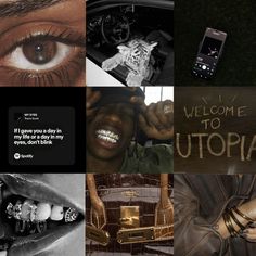 a collage of photos with the words welcome to utopia written on them and an image of a woman's eye