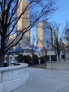 there is a tree in the middle of this city square with tall buildings behind it