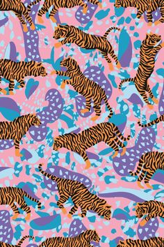 a colorful tiger pattern with blue and pink colors