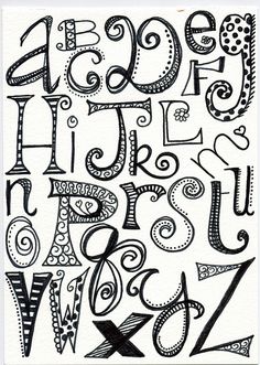 the letters and numbers are drawn in black ink on white paper with swirly designs