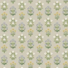 a floral pattern with white and yellow flowers on a light gray background that is very similar to an old wallpaper