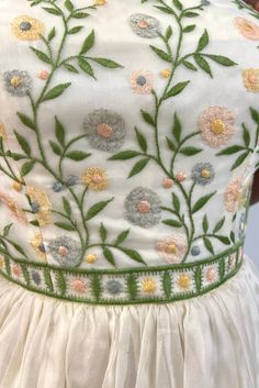 Embroidery Vines, Pastel Embroidery, Border Garden, Vines And Flowers, Vintage 1950s Dress, Vintage 1950s Dresses, Yellow Silk, Embroidered Skirt, 1950s Dress