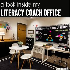 there is a black and white board in the room with writing on it that says, i look inside my library coach office