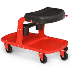 a red and black children's chair on wheels