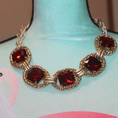 Nwtags: Gold Tone Chain With 5 Circle With Large Beautiful Red Rhinestones In The Middle Of Them, Each Circle Is 2" And The Stone In Side Is 1"+1", This Is A Beautiful Chain That Is Use In This Necklace, 20" Red Metal Jewelry With Rhinestones, Red Rhinestone Party Necklaces, Round Ruby Necklace For Party, Red Sparkly Jewelry For Formal Occasions, Red Costume Jewelry Necklaces For Party, Red Metal Necklaces For Party, Red Rhinestone Necklace For Party, Red Party Jewelry With Jewels, Red Stone Necklaces For Formal Occasions